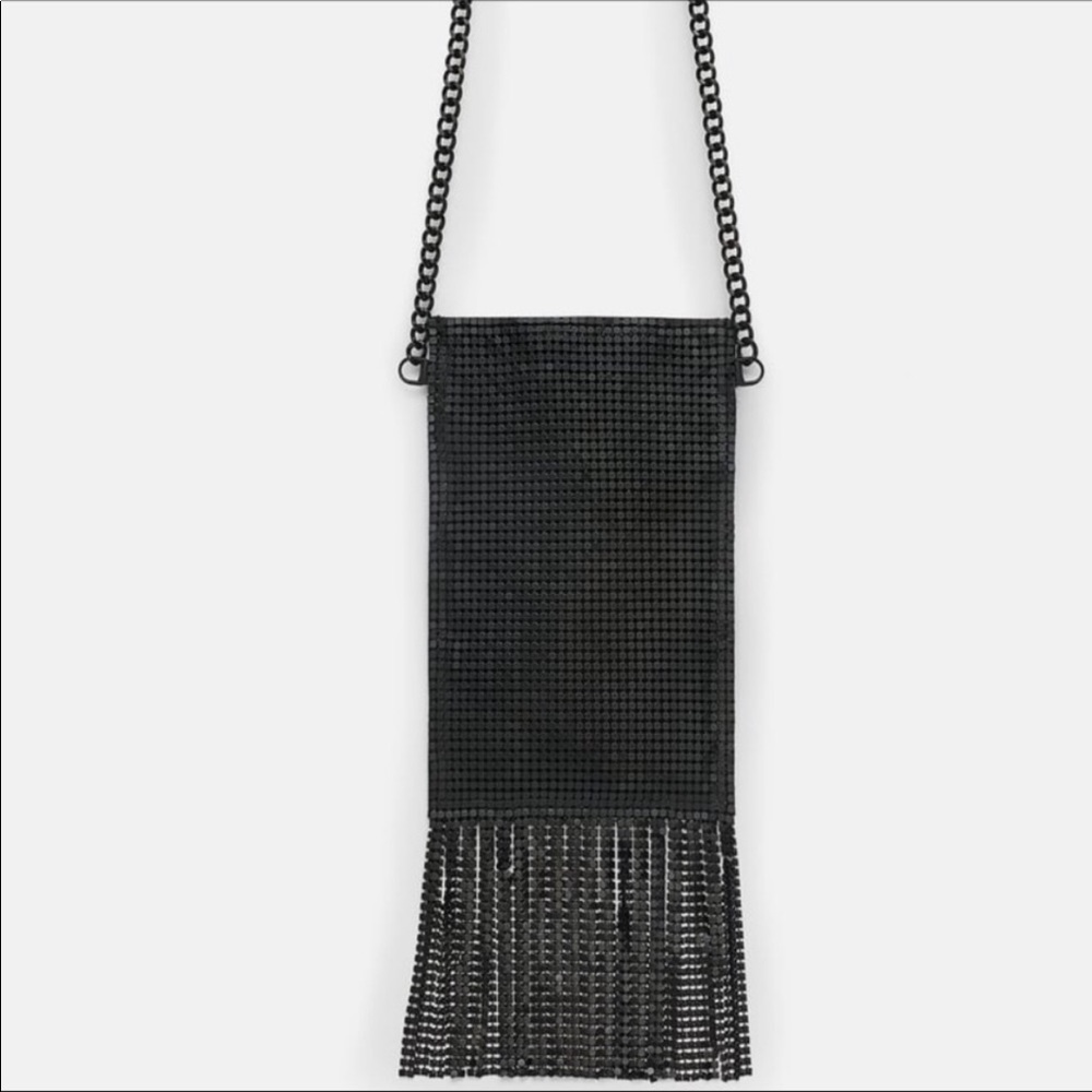 Zara black mini crossbody fringe bag card phone